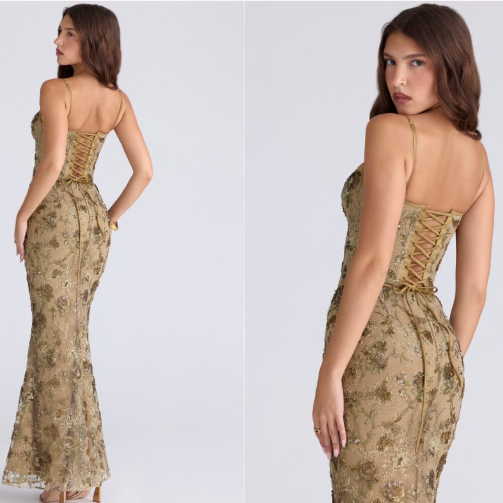 House of CB Naima Olive Bronze Hand Beaded Embellished Corset Maxi Dress NWOT - Picture 5 of 13
